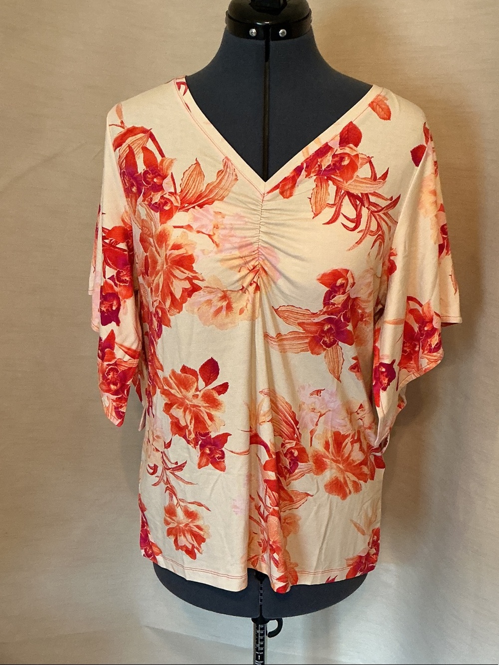 Chico's Cream Top with Coral and Pink Floral Print